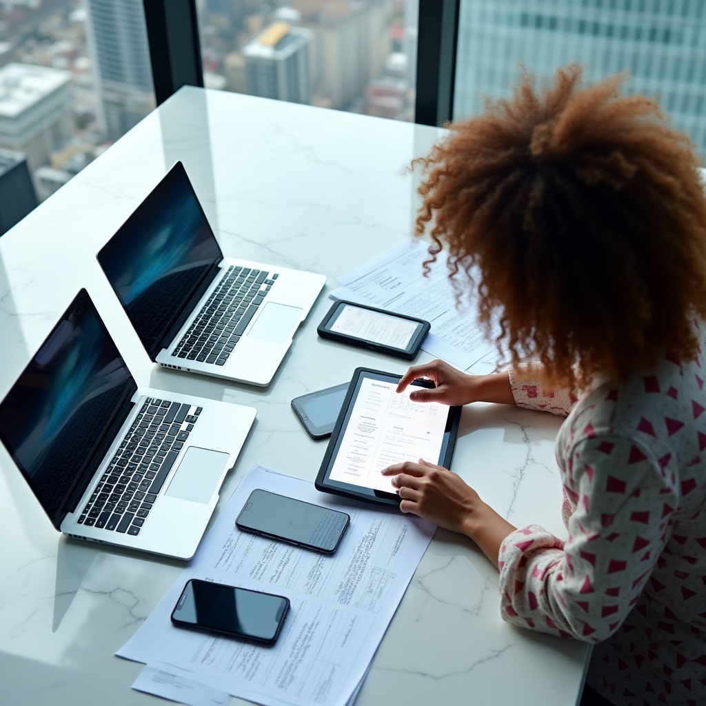 Confronto tra dispositivi tecnologici come smartphone e laptop su superficie bianca